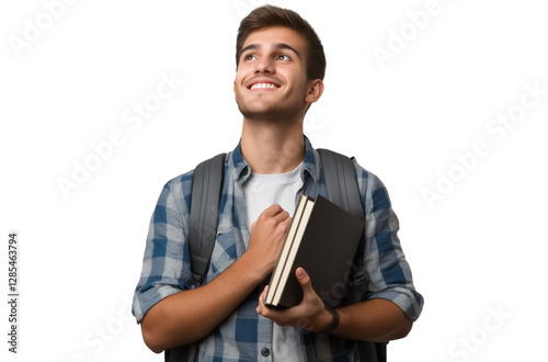  Young, smiling man, a student with a backpack, holding a book and looking up, isolated on a transparent background