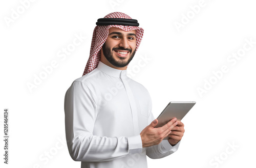 A handsome young smiling Saudi man wearing business casual is holding an iPad and standing in front of the camera, with a transparent background (2)