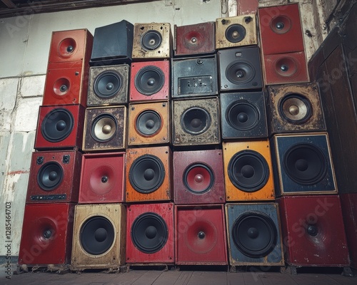 Colorful collection of vintage speakers on wall. photo