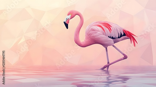 Elegant flamingo walking gracefully, vibrant pink feathers reflecting in calm water, nature theme with serene background.