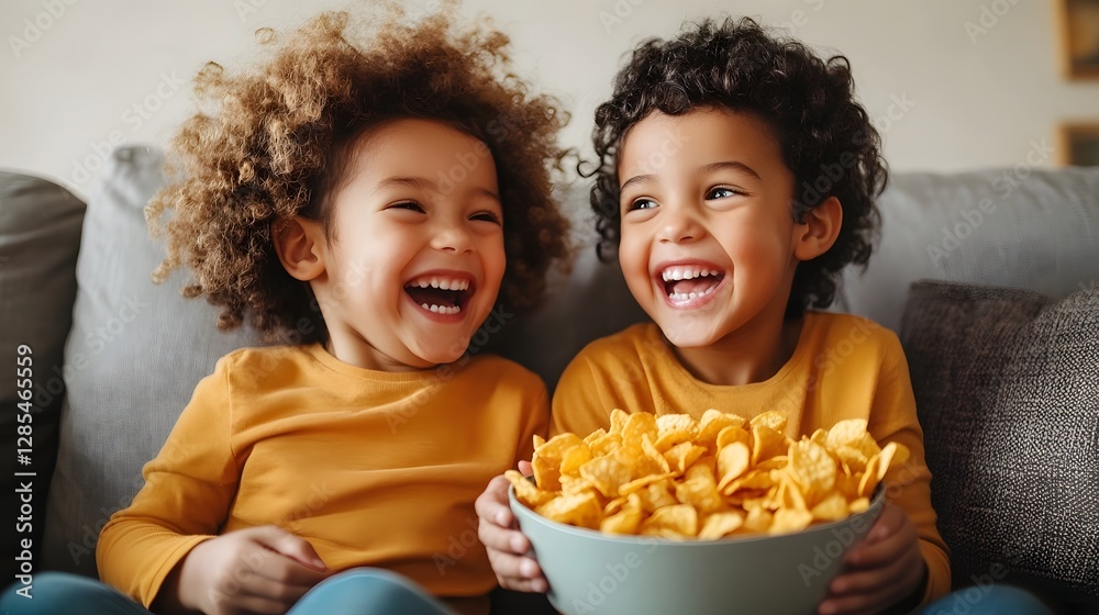 Siblings Sharing Joyful Snack Moment on Couch at Home Siblings Sharing Joyful Snack Moment on Couch at Home