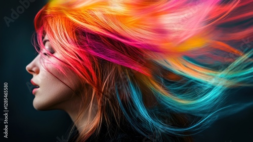 Vibrant, colorful, flowing hair of a woman in profile view.