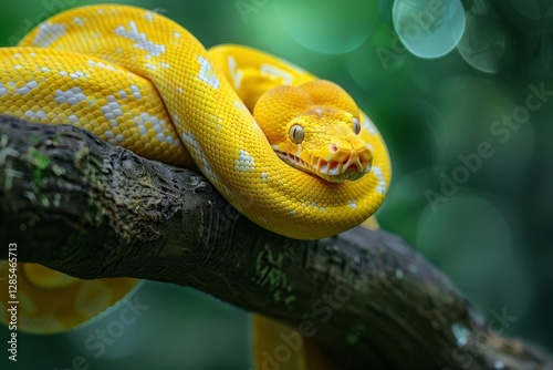 Yellow tree python snake on branch, snake on branch, reptiles closeup