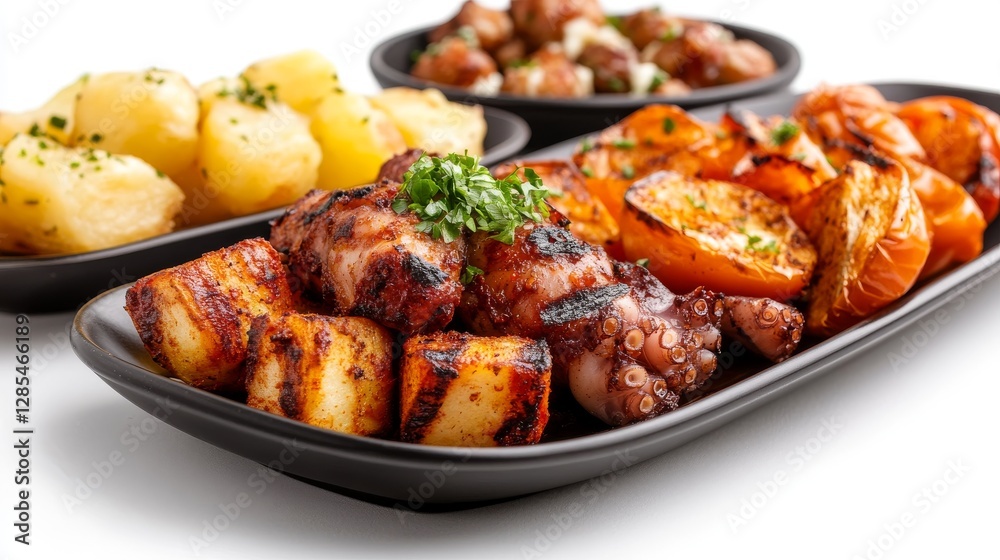 Fototapeta premium Grilled octopus, potatoes, and tomatoes tapas platter