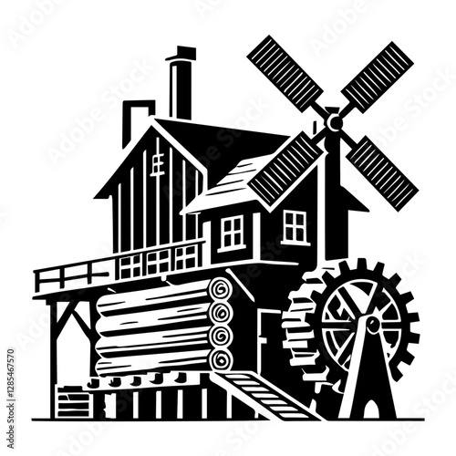 Simple Vector Icon of a Sawmill – Logo Design Illustration