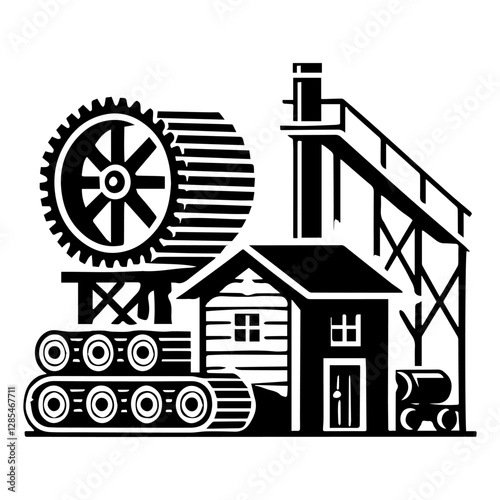 Simple Vector Icon of a Sawmill – Logo Design Illustration