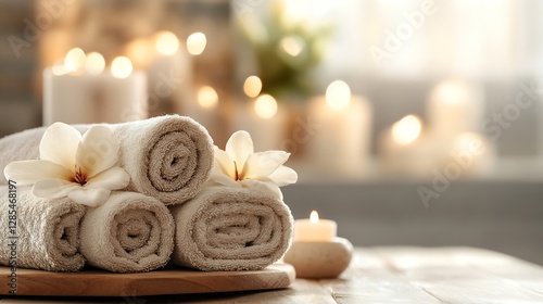 Spa towels with flowers and candles in a serene atmosphere : Generative AI