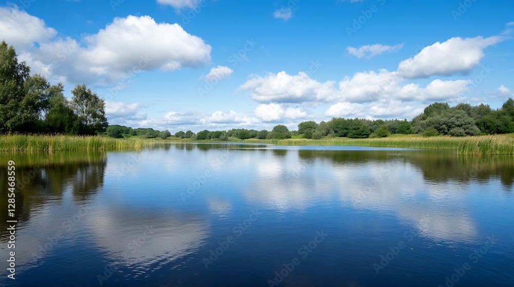Picturesque calm lake reflecting blue sky and fluffy clouds surrounded by green foliage : Generative AI Picturesque calm lake reflecting blue sky and fluffy clouds surrounded by green foliage : Generative AI