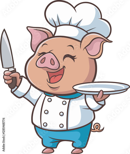 Happy chef with mustache holds pizza tray, cartoon illustration for restaurant menu