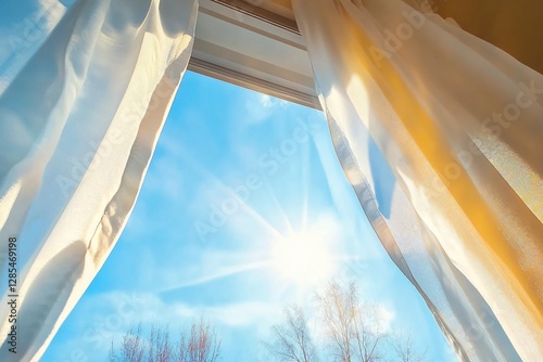 Window is open wind blows curtain sun shining through window blue sky background