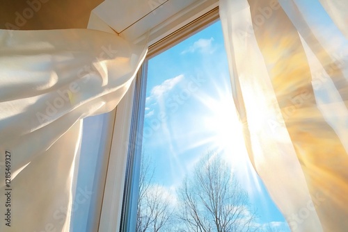 Window is open wind blows curtain sun shining through window blue sky background