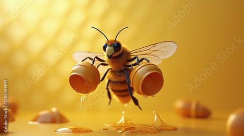 Bee flying over yellow flowers and collecting honey in a bucket. Spring concept