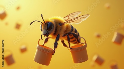 Bee flying over yellow flowers and collecting honey in a bucket. Spring concept