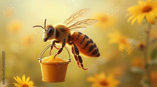 Bee flying over yellow flowers and collecting honey in a bucket. Spring concept