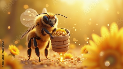 Bee flying over yellow flowers and collecting honey in a bucket. Spring concept