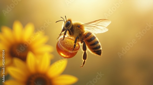 Bee flying over yellow flowers and collecting honey in a bucket. Spring concept