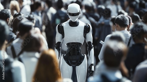 A humanoid robot stands amidst a dense crowd of people.