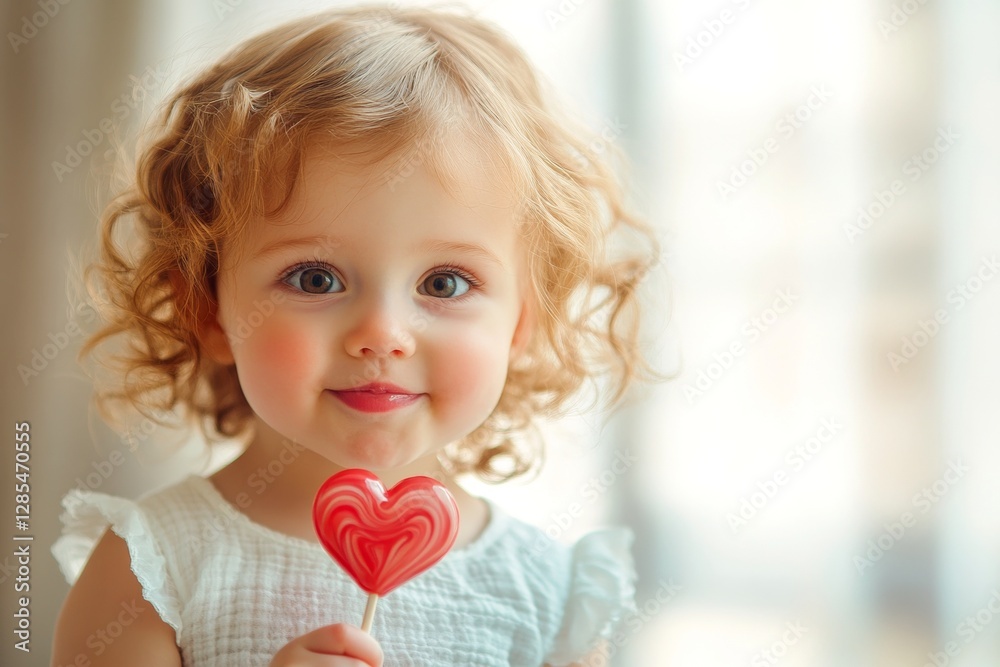 Happy face cute baby girl with small lollipop heart in hands. Valentine's day greeting and funny gift. Red and white decor. Kids’ romantic celebration. Valentine's photography. Love and warmt. Happy face cute baby girl with small lollipop heart in hands. Valentine's day greeting and funny gift. Red and white decor. Kids’ romantic celebration. Valentine's photography. Love and warmt.