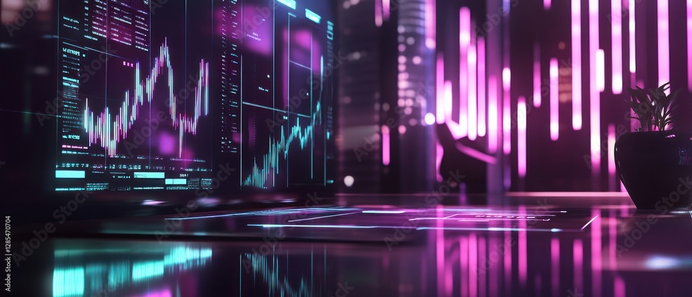 Fototapeta premium Futuristic office space with glowing graphs and data analytics on screens, showcasing a modern work environment at night