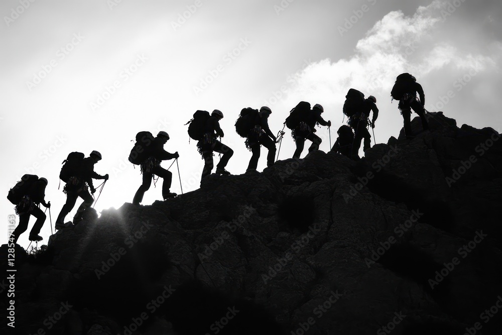 Fototapeta premium Silhouetted Climbers Ascend Rocky Mountain Trail