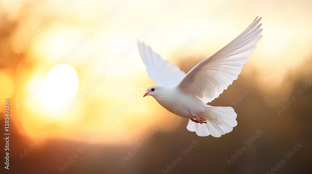Fototapeta premium Graceful white dove soaring against a warm sunset background with soft light : Generative AI