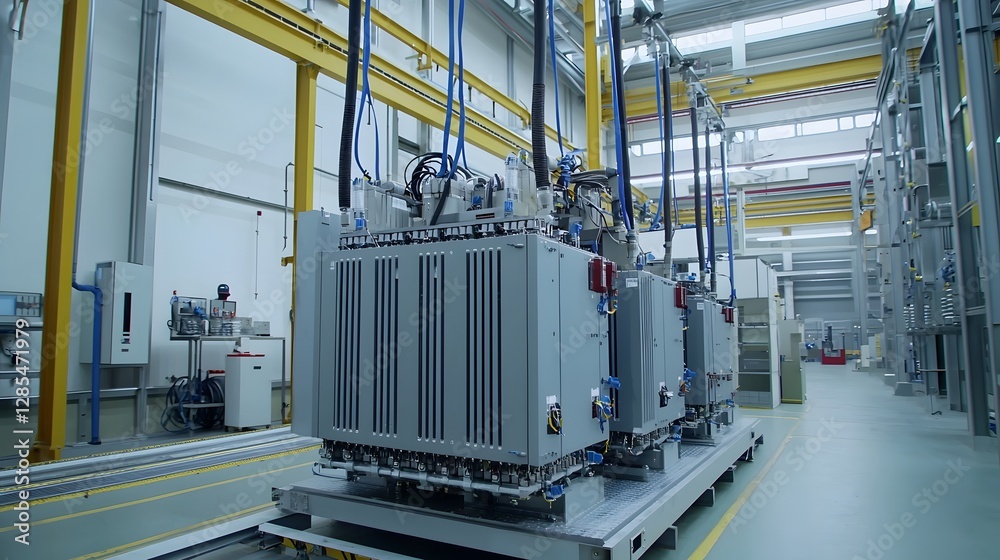 Naklejka premium Captivating time lapse footage showcasing a transformer being subjected to extreme load conditions within a specialized industrial testing facility