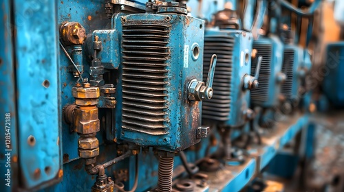Close up detailed shot of the weathered and aged cooling fins on an old oil filled industrial transformer  The image showcases the intricate patterns textures