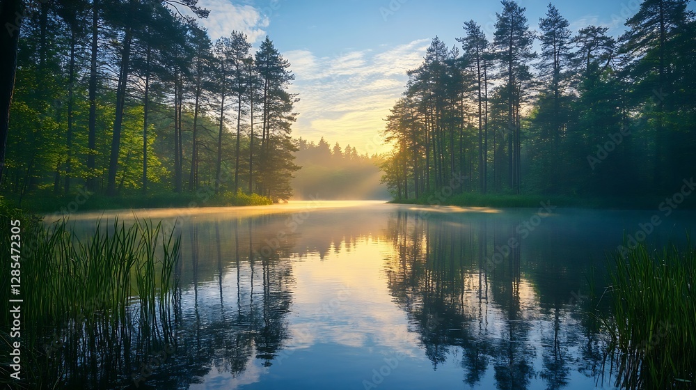 Obraz premium Serene early morning mist over a tranquil lake surrounded by tall trees and soft sunlight emerging : Generative AI