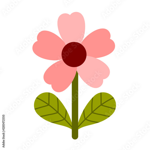A cute pink flower with heart-shaped petals and a red center, paired with green leaves. Perfect for stickers, clipart, and decorations, adding a sweet and cheerful touch to any design or project.