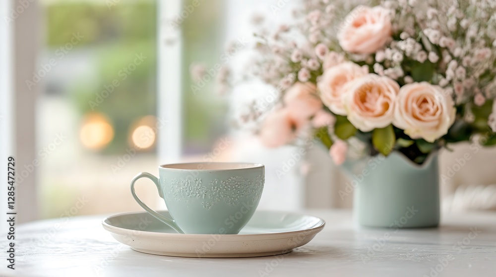 Serene Mint Green Cup on Table Beside Delicate Flower Bouquet in Soft Natural Light : Generative AI Serene Mint Green Cup on Table Beside Delicate Flower Bouquet in Soft Natural Light : Generative AI