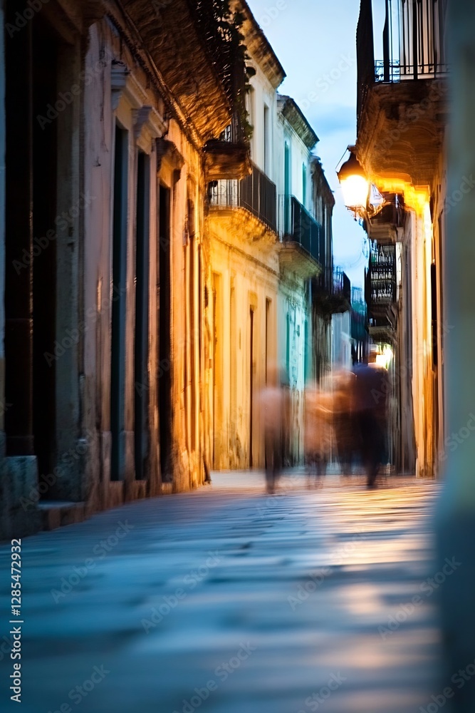 Fototapeta premium Charming cobblestone street in an old town with soft ambient light and blurred figures : Generative AI