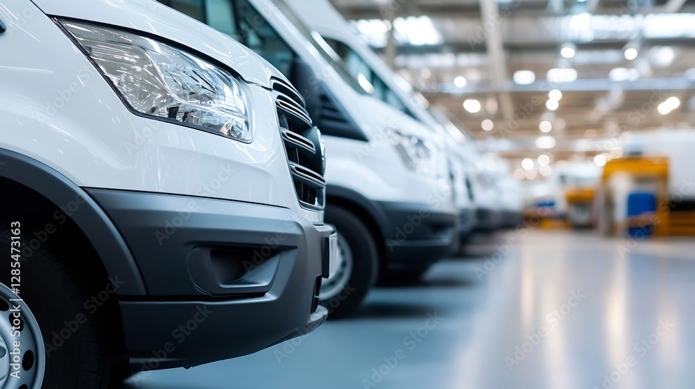 Fleet of White Delivery Vans Parked in Modern Storage Facility with Bright Lighting : Generative AI Fleet of White Delivery Vans Parked in Modern Storage Facility with Bright Lighting : Generative AI