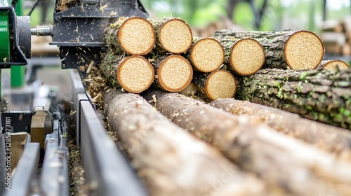 Close up of wood logs being fed into an industrial wood chipper machine to process the material into wood pulp for various production and manufacturing purposes