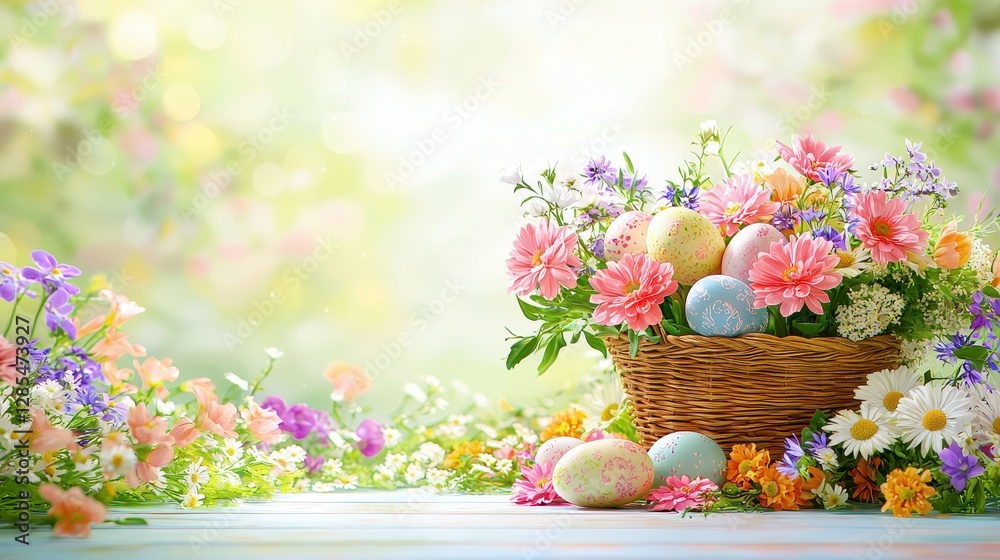 Easter Eggs and Fresh Flowers in Wicker Basket on Light Background Easter Eggs and Fresh Flowers in Wicker Basket on Light Background