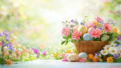 Wallpaper Mural Easter Eggs and Fresh Flowers in Wicker Basket on Light Background Torontodigital.ca