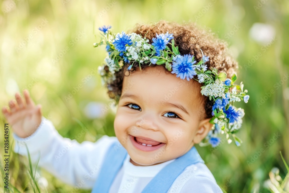 Happy holiday season holidays creative. Sunny daylight. Smiling mixed-race infant boy with tt hair wearing blue flower circlet on his head. Dreamy summer vacation for boys. Summer joy for kids. Happy holiday season holidays creative. Sunny daylight. Smiling mixed-race infant boy with tt hair wearing blue flower circlet on his head. Dreamy summer vacation for boys. Summer joy for kids.