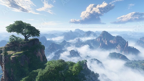 Mountain Top with Serene Clouds on Crystal-Clear Blue Sky