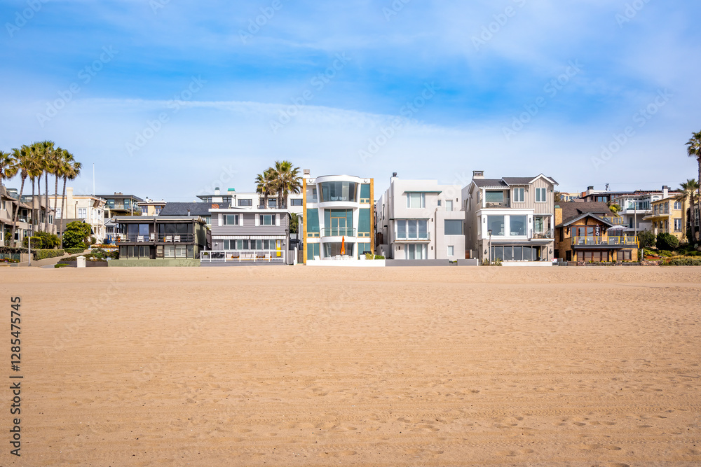Hermosa Beach, California - Daytime, sunny beach front homes, walkways, neighborhoods, real estate in the South Bay with blue skies and clear views