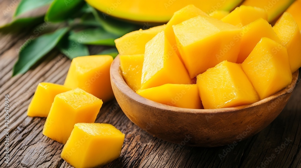 Fresh Cut Mango Cubes Served in a Wooden Bowl Ready to Enjoy Delicious Tropical Fruits : Generative AI Fresh Cut Mango Cubes Served in a Wooden Bowl Ready to Enjoy Delicious Tropical Fruits : Generative AI