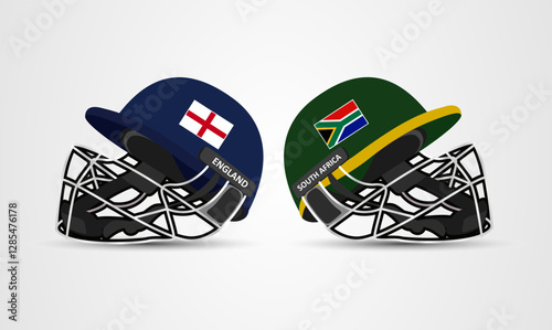 England vs South Africa Cricket batting helmet with protective grill isolated on white background, vector illustration