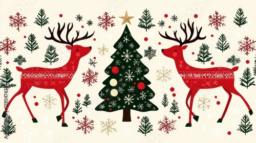 Festive Reindeer and Christmas Tree Pattern for Holiday Backgrounds