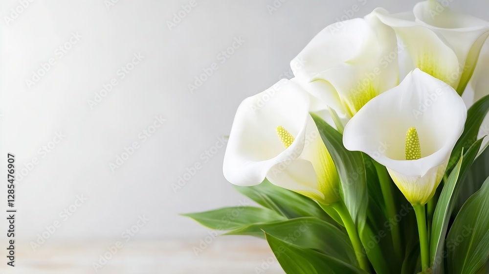 Obraz premium Elegant bouquet of white calla lilies with greenery on a softly blurred background conveying tranquility : Generative AI