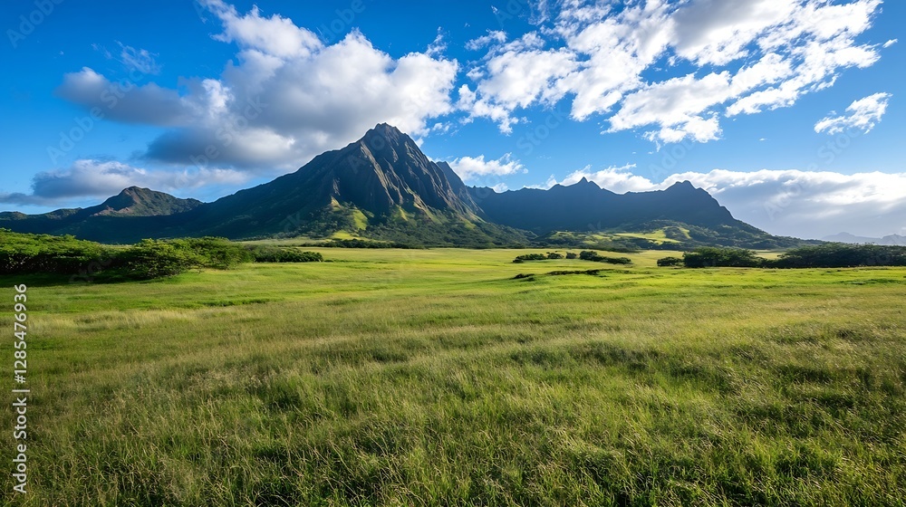 Breathtaking mountain landscape with lush green fields under a dramatic sky and vibrant clouds : Generative AI Breathtaking mountain landscape with lush green fields under a dramatic sky and vibrant clouds : Generative AI