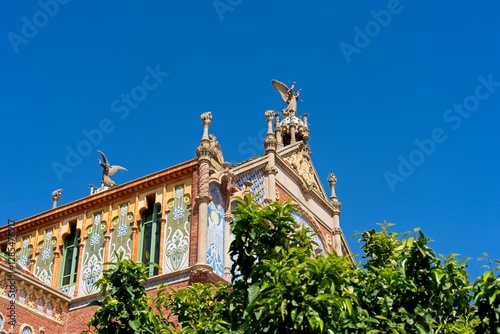 Barcelona Spain - 21 April 2024 - Hospital building in Recinte Modernista de Sant Pau (Hospital de Sant Pau) by Antonio Gaudi in Barcelona