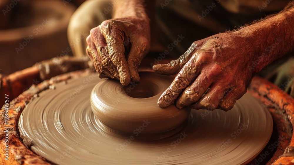 Hands shaping clay on a pottery wheel