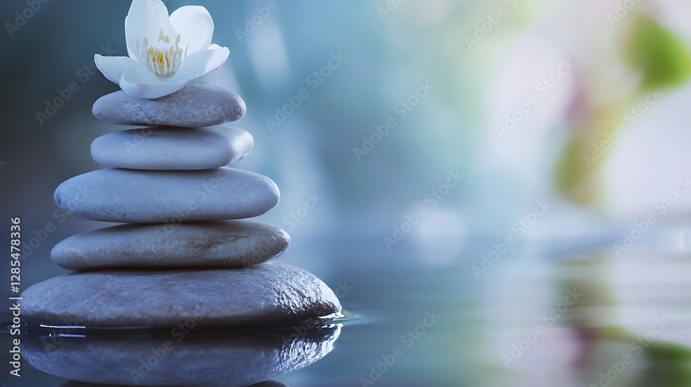 Obraz premium Balanced Stones and White Flower Reflecting in Calm Water : Generative AI