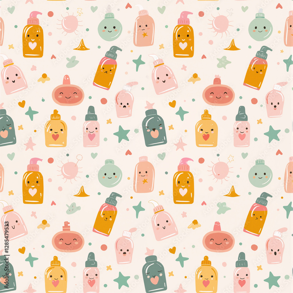Obraz premium Adorable Cartoon Sunscreen Bottles Seamless Pattern Summer Fun Design