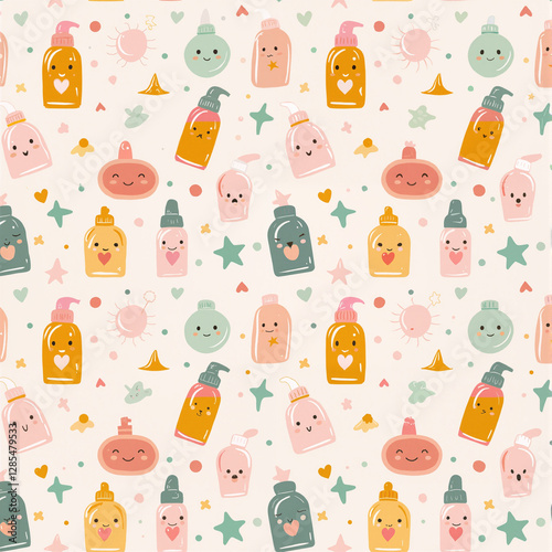 Adorable Cartoon Sunscreen Bottles Seamless Pattern Summer Fun Design