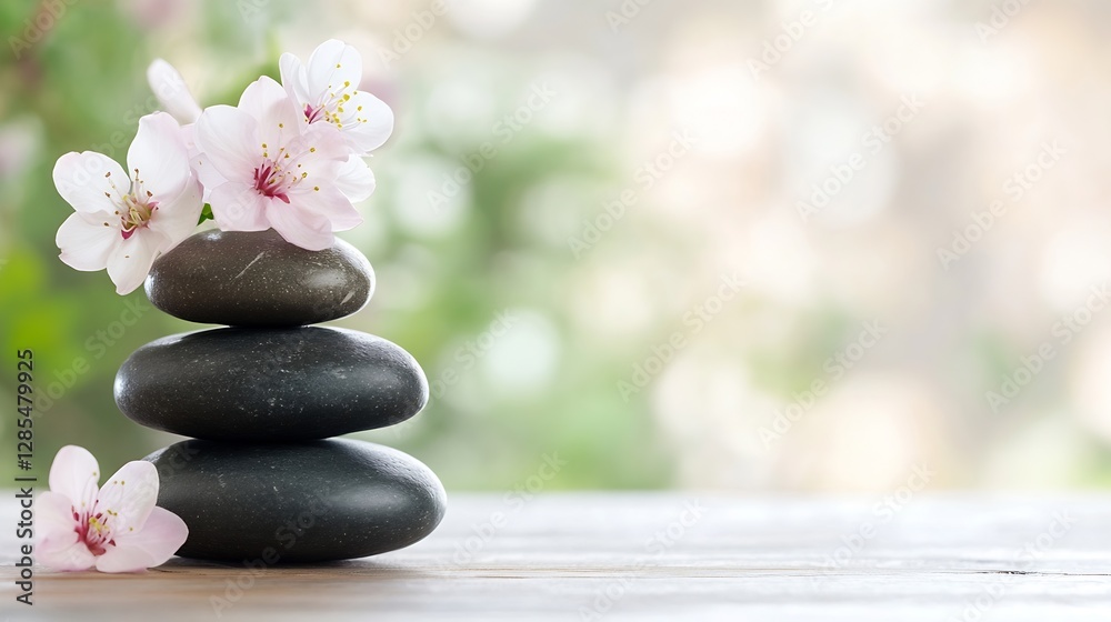 Zen-like arrangement of smooth stones and delicate cherry blossoms creating a calming atmosphere : Generative AI Zen-like arrangement of smooth stones and delicate cherry blossoms creating a calming atmosphere : Generative AI