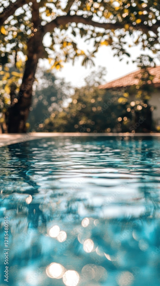 Serene Poolside Scene with Lush Greenery and Sunlight Serene Poolside Scene with Lush Greenery and Sunlight